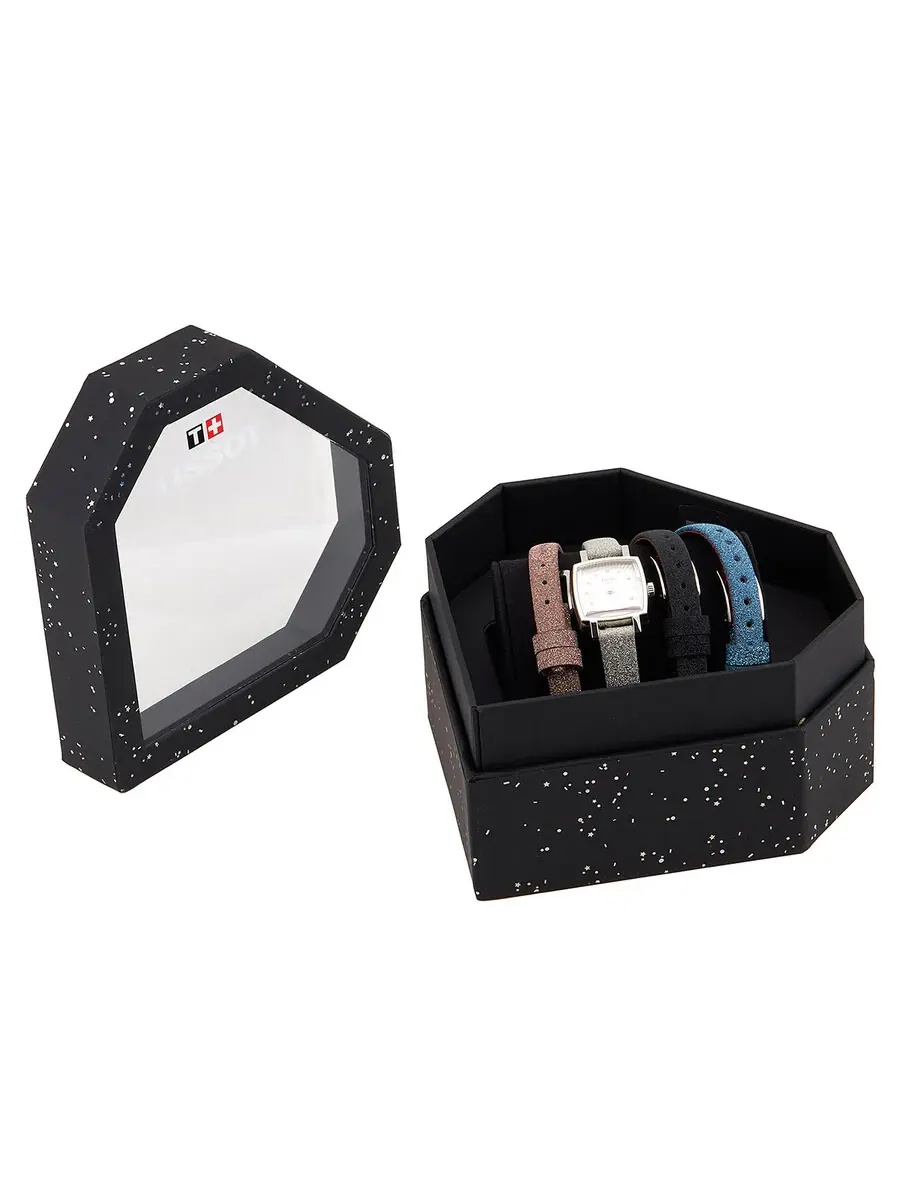 Женские часы Tissot Lovely Square Festive Kit Quartz с серебристым циферблатом и бриллиантами T0581091703602
