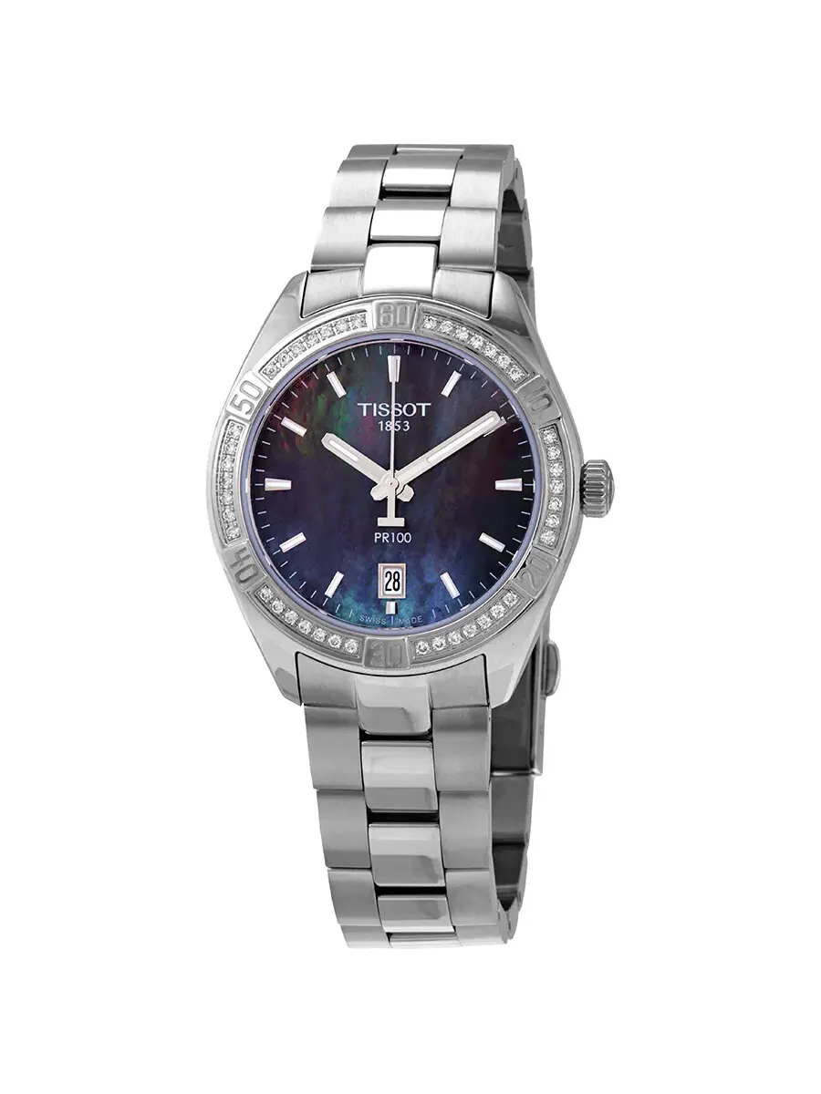 Женские часы Tissot PR 100 с черным перламутровым циферблатом T101.910.61.121.00 — изображение 1 из 3, оттенок серебряный