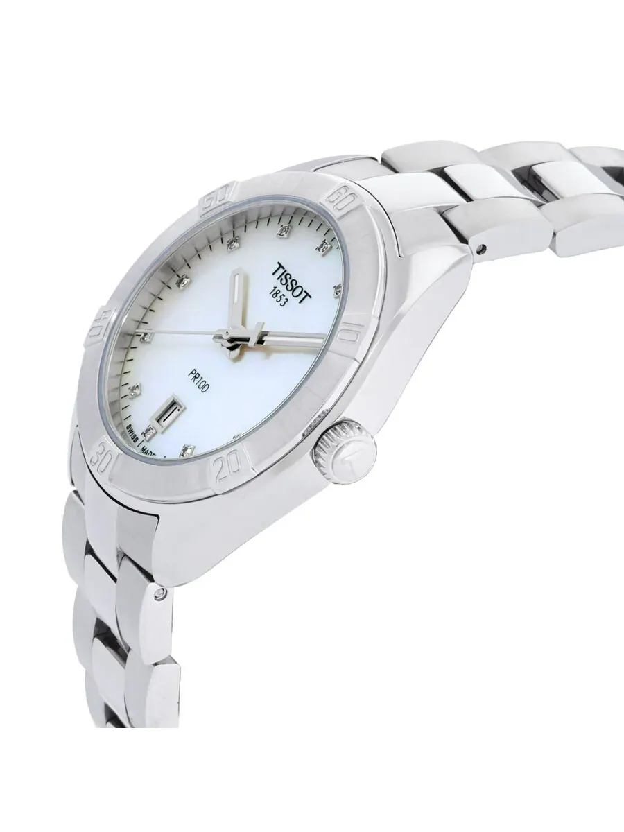 Женские часы Tissot PR 100 Sport Chic Quartz с бриллиантами, белым перламутровым циферблатом T101.910.11.116.00