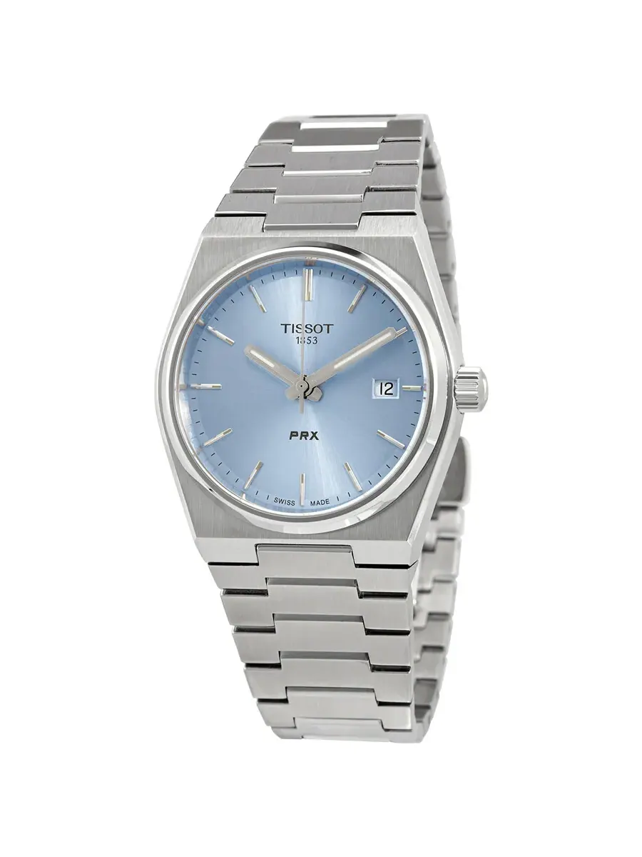 Женские часы Tissot PRX 35 с кварцевым механизмом и синим циферблатом T1372101135100 — изображение 1 из 3, оттенок серебряный