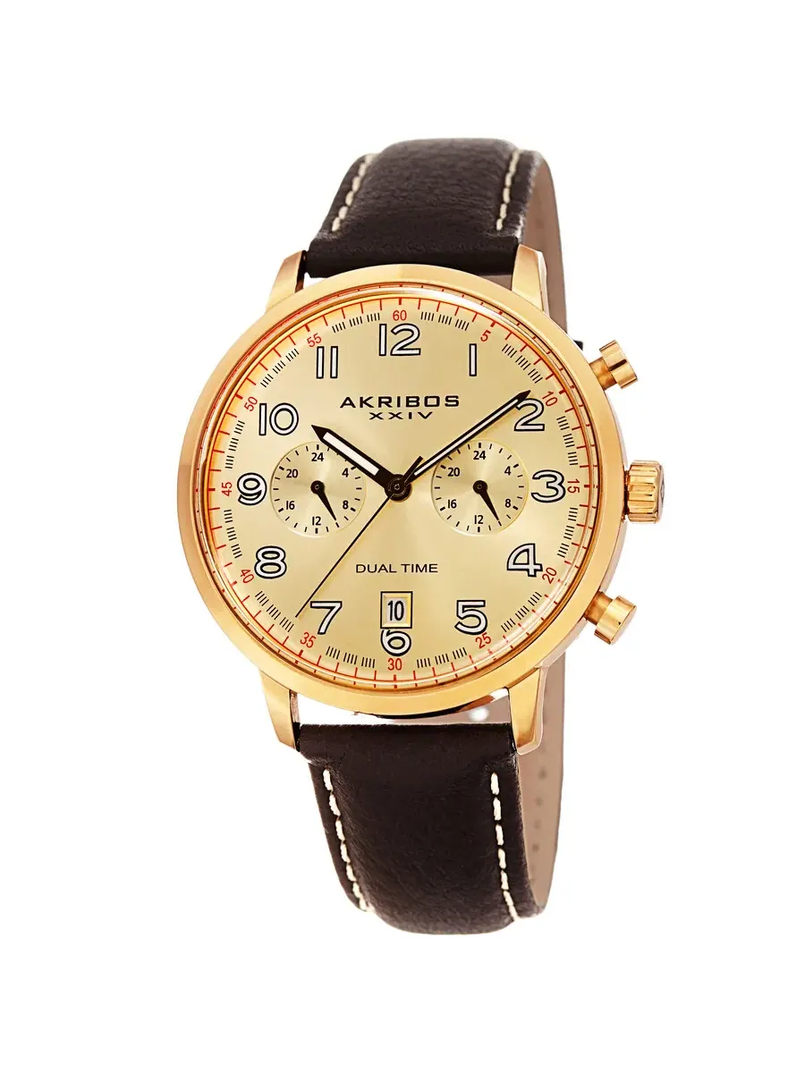 Мужские часы Akribos XXIV Dual Time с золотым циферблатом AK1023YGBR