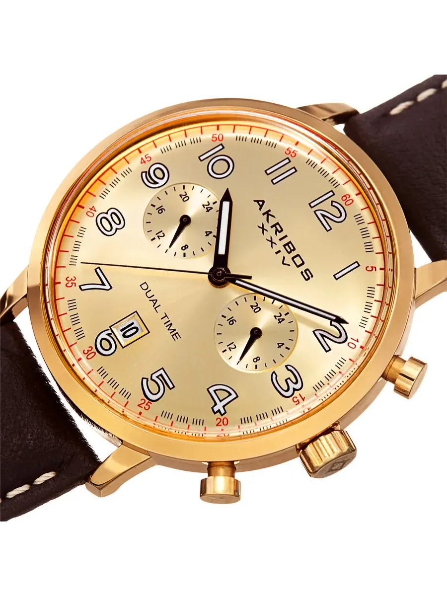 Мужские часы Akribos XXIV Dual Time с золотым циферблатом AK1023YGBR — изображение 2 из 4, оттенок золотистый