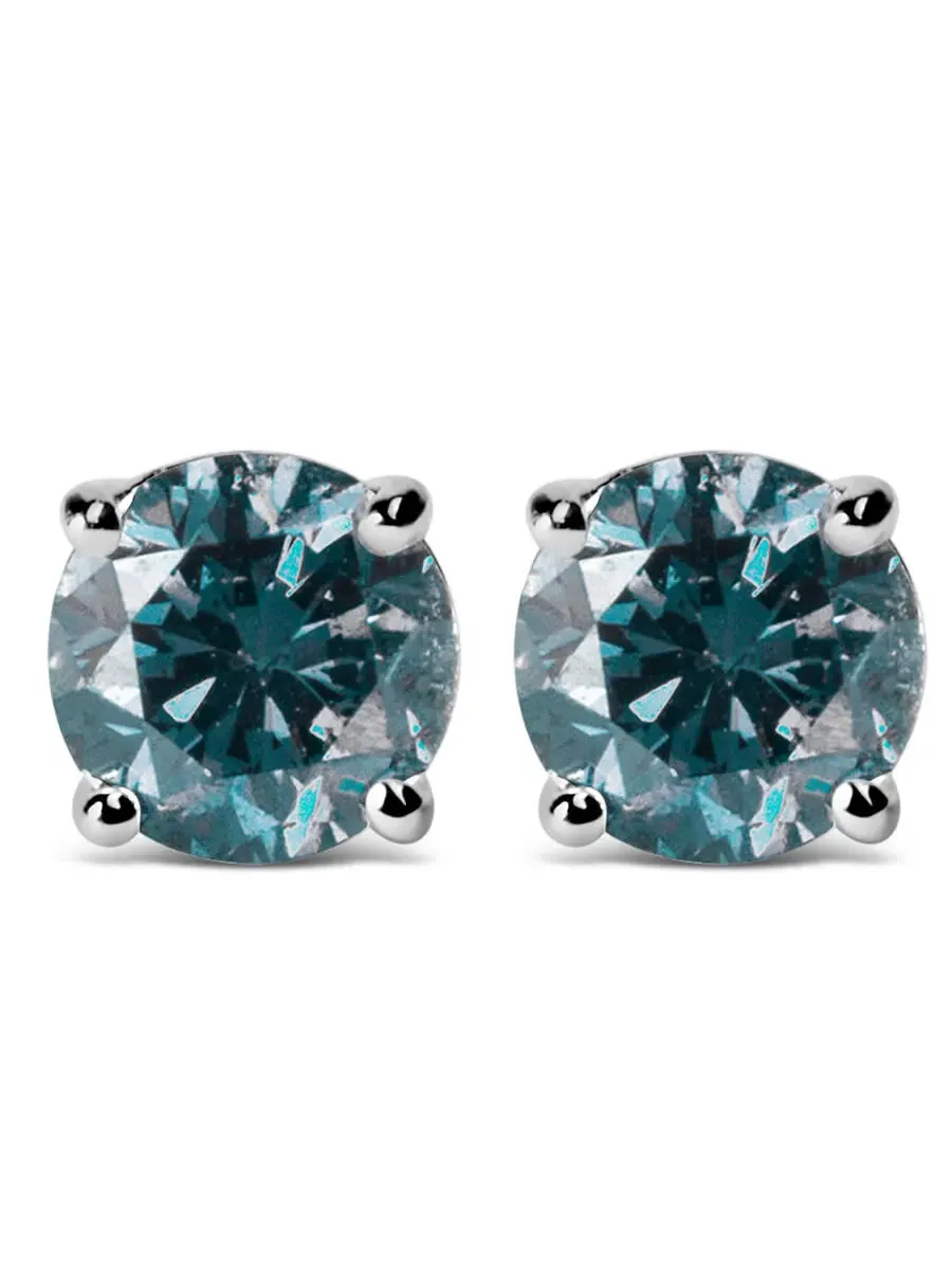 Серьги-гвоздики из белого золота 14K с круглыми бриллиантами класса 3.00 Cttw, выращенными в — синий