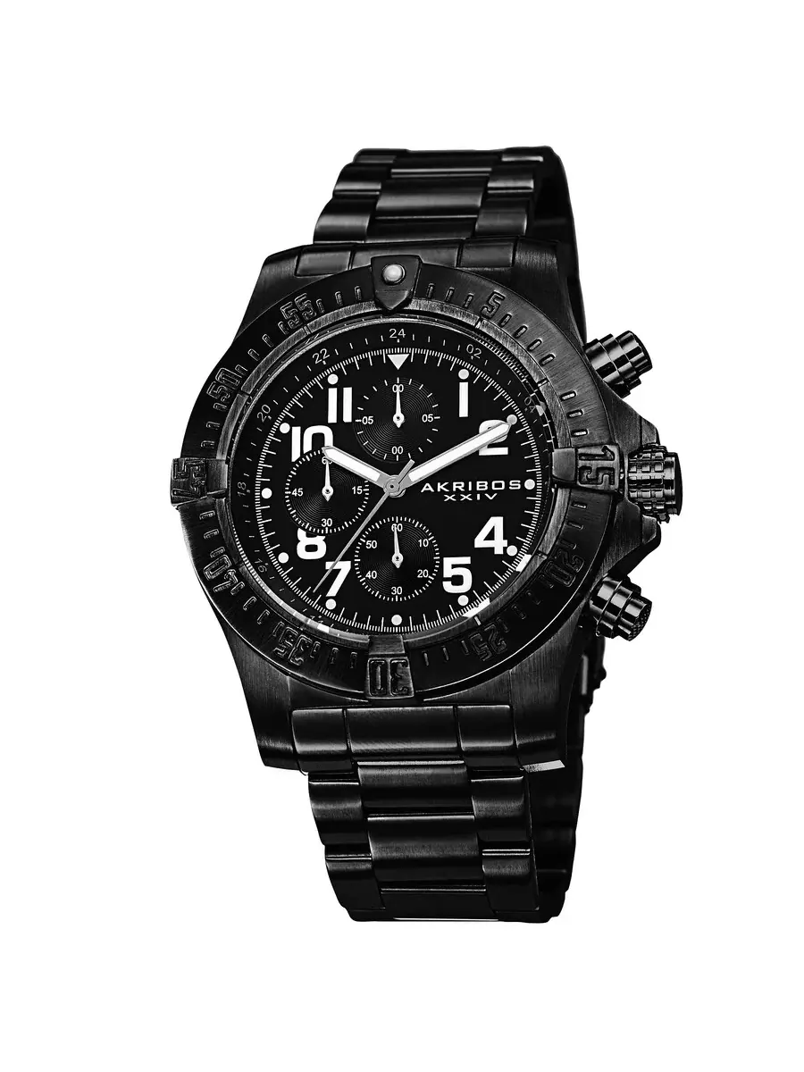 Мужские часы Akribos XXIV Chronograph с черным циферблатом и черным ионным покрытием из нержавеющей