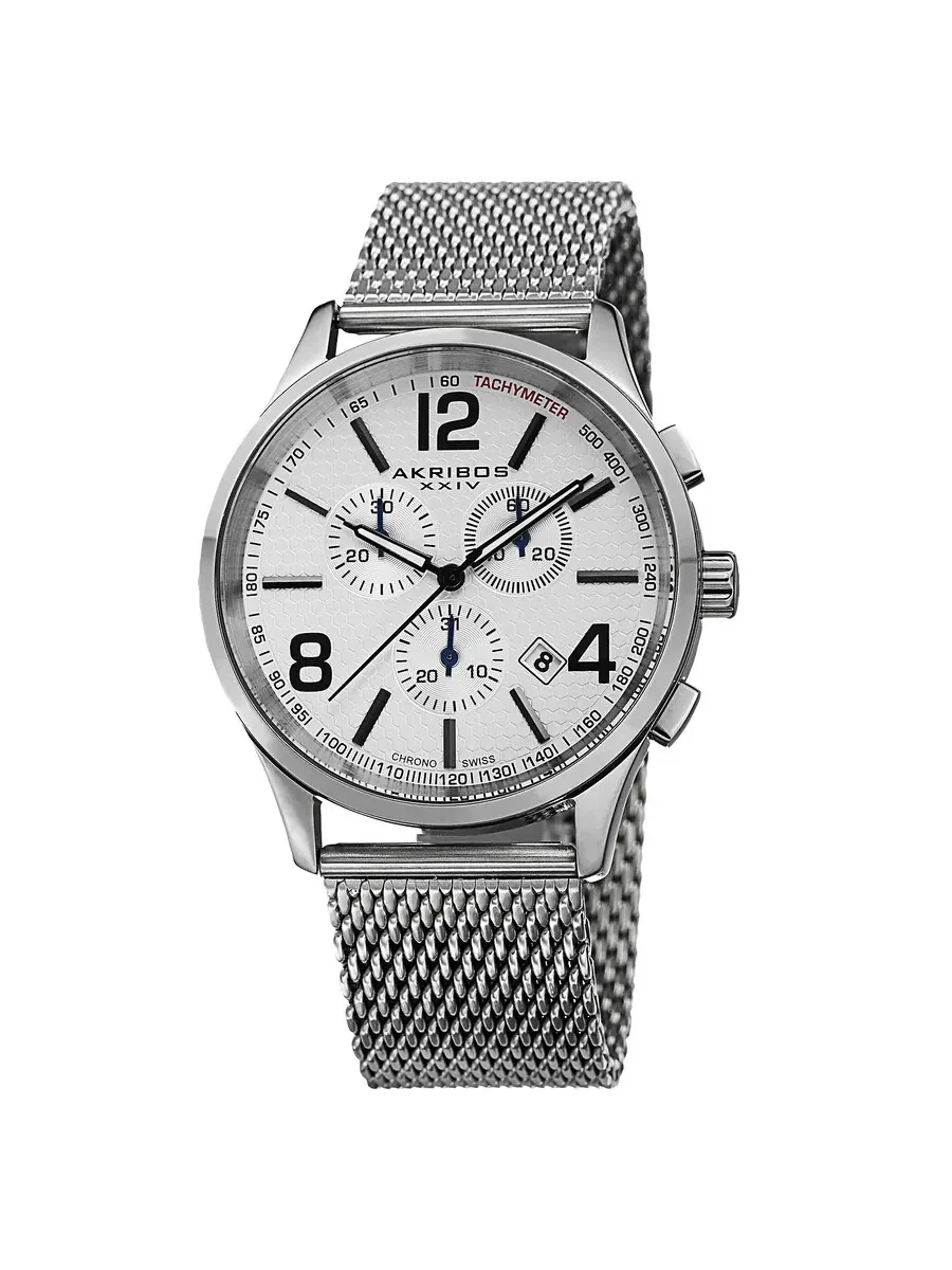 Мужские часы Akribos XXIV Chronograph с серебристым циферблатом и сетчатым дизайном из нержавеющей