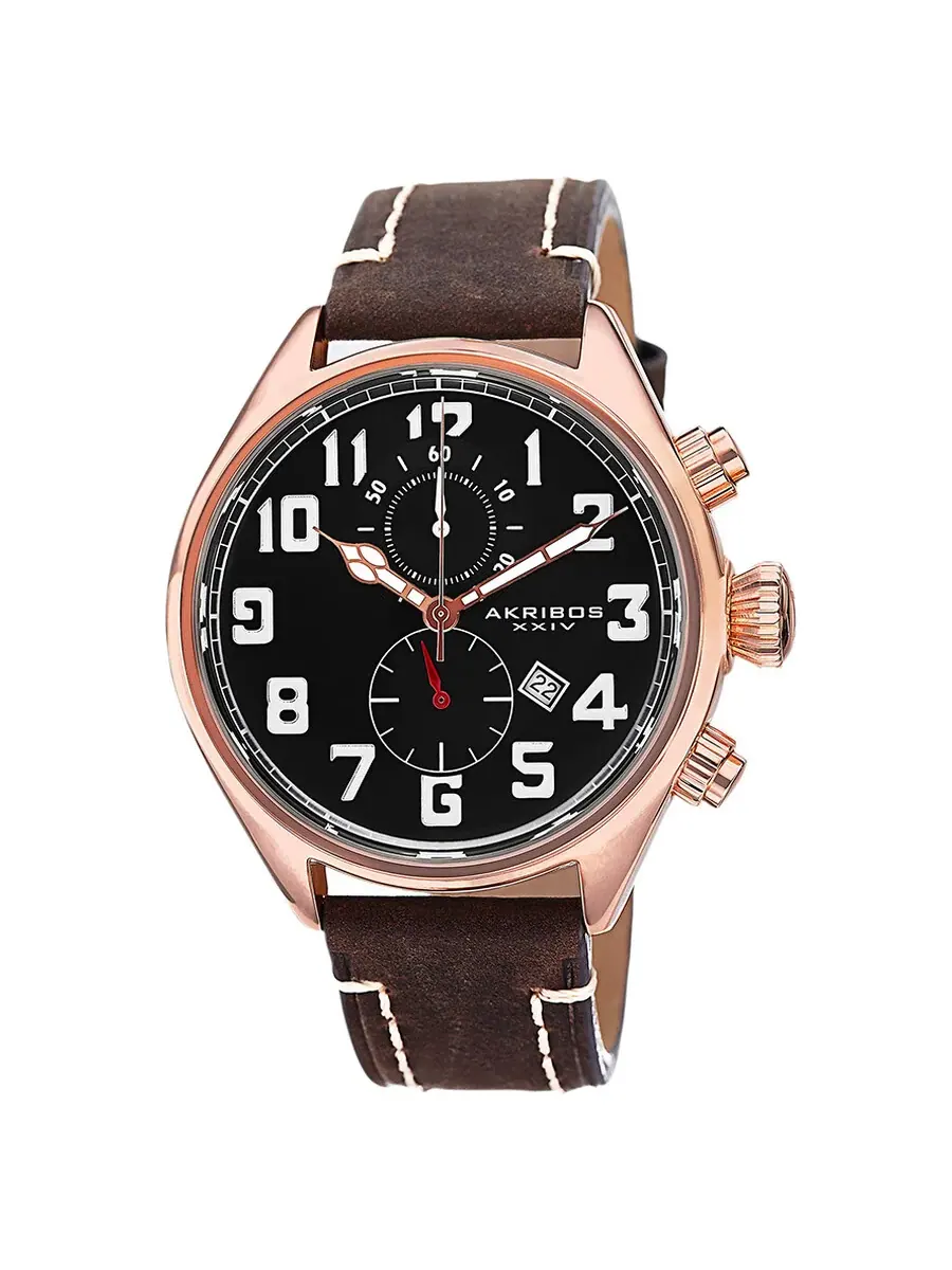 Мужские часы Akribos XXIV Essential Chronograph с черным циферблатом и коричневым кожаным ремешком