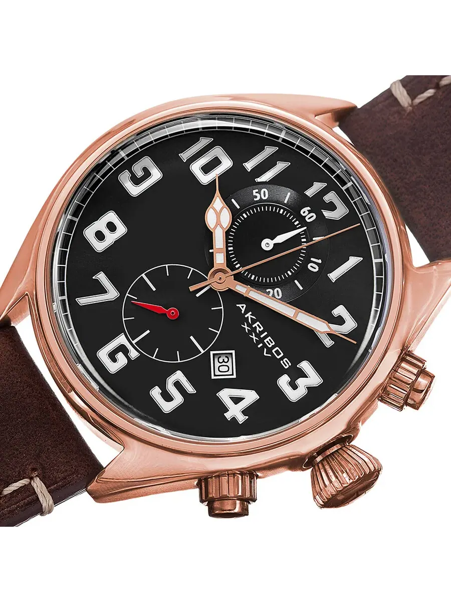 Мужские часы Akribos XXIV Essential Chronograph с черным циферблатом и коричневым кожаным ремешком — изображение 2 из 4