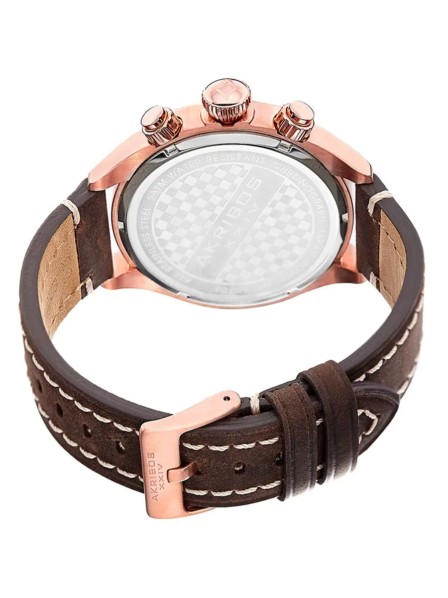 Мужские часы Akribos XXIV Essential Chronograph с черным циферблатом и коричневым кожаным ремешком — изображение 3 из 4