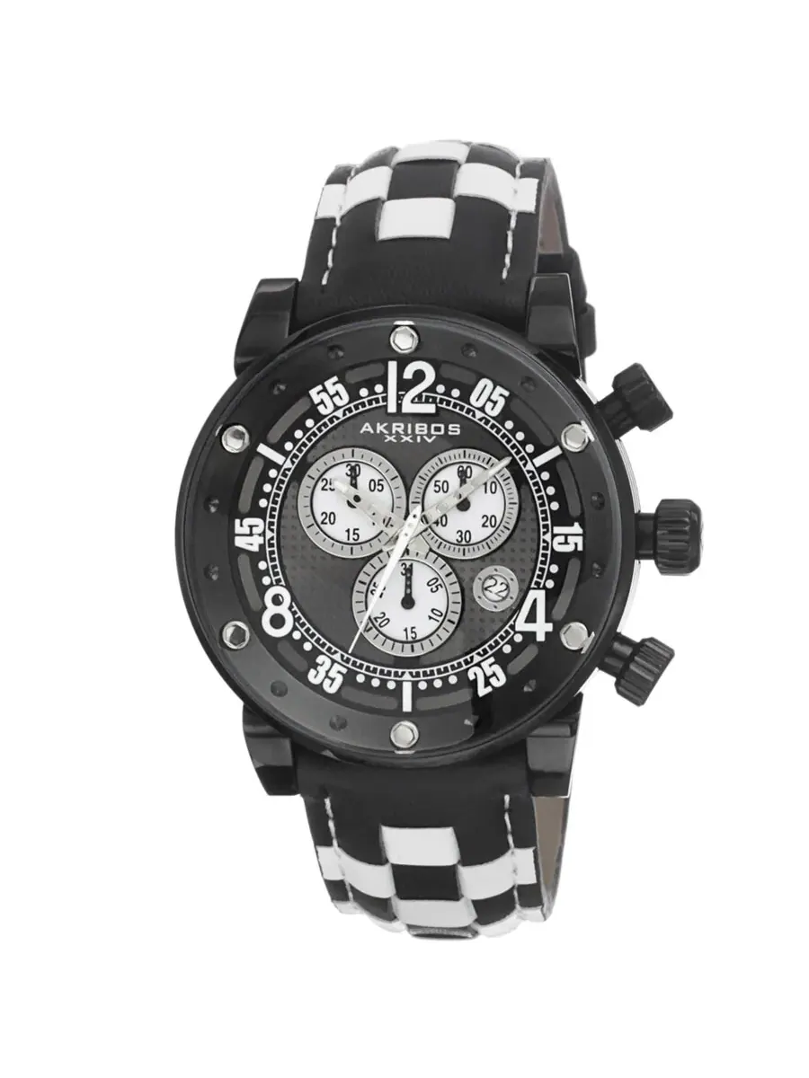 Часы Akribos XXIV Explorer Chronograph, сталь, черно-белый клетчатый кожаный ремешок, модель AK612BK