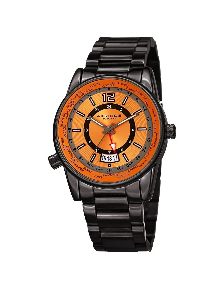 Мужские часы Akribos XXIV World Time Quartz с оранжевым циферблатом AK1021GNOR