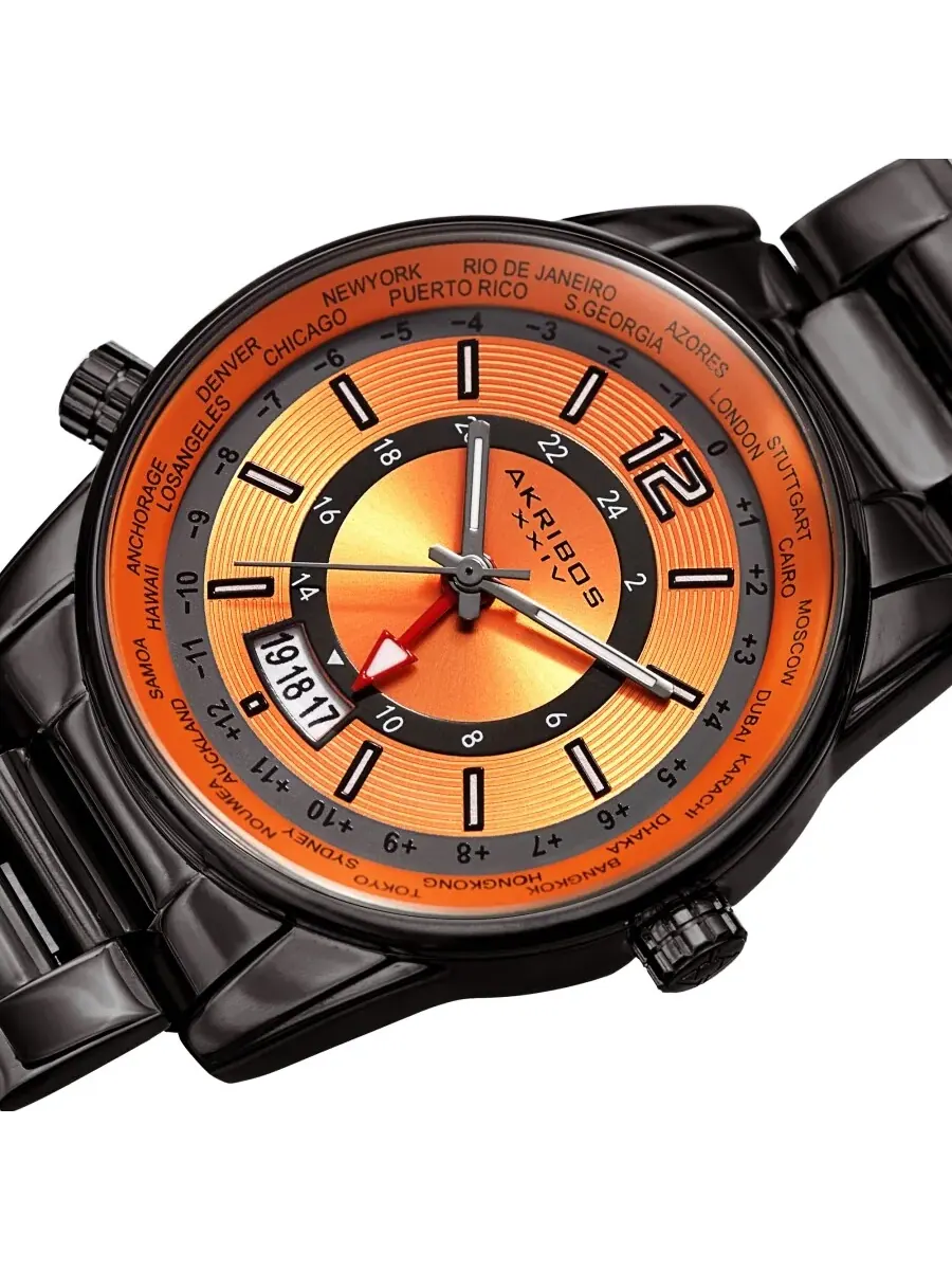 Мужские часы Akribos XXIV World Time Quartz с оранжевым циферблатом AK1021GNOR — изображение 2 из 4, оттенок черный
