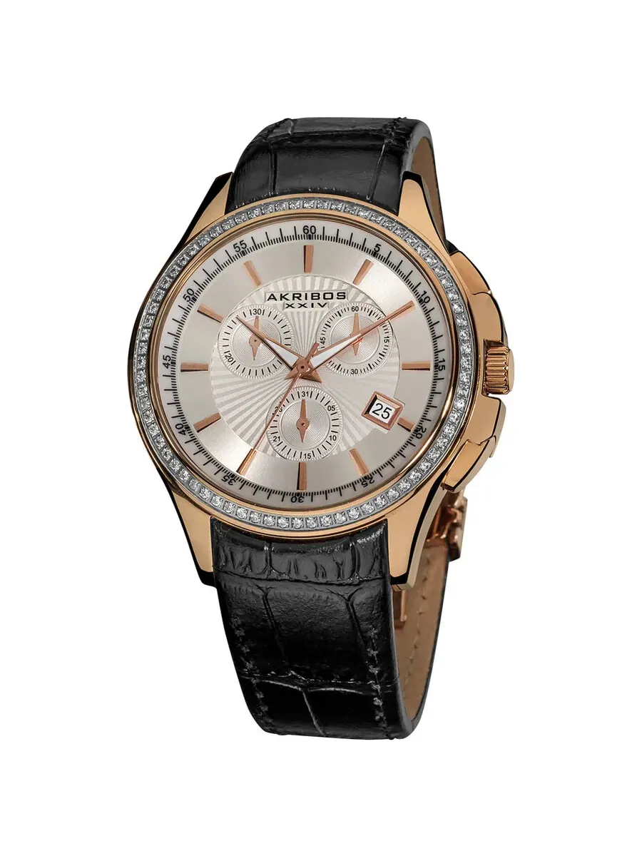 Мужские часы Akribos XXIV Grandiose Crystal Chronograph с ремешком из черной кожи