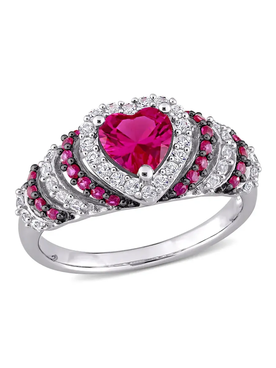 Кольцо Amour 1 3/4 CT TGW с созданным рубином и созданными белыми сапфирами в форме сердца с — изображение 1 из 6