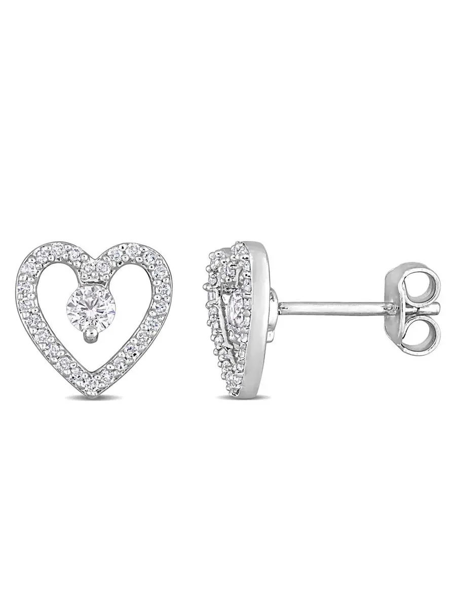 Серьги-гвоздики AMOUR в форме открытого сердца с белым топазом 1/3 CT TGW и бриллиантом 1/5 CT TDW — изображение 1 из 4