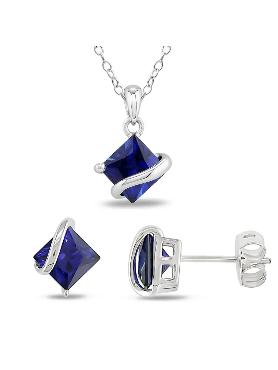 Подвеска AMOUR 3 3/4 CT TGW квадратной формы с искусственным синим сапфиром в форме волны, цепочка — изображение 1 из 4