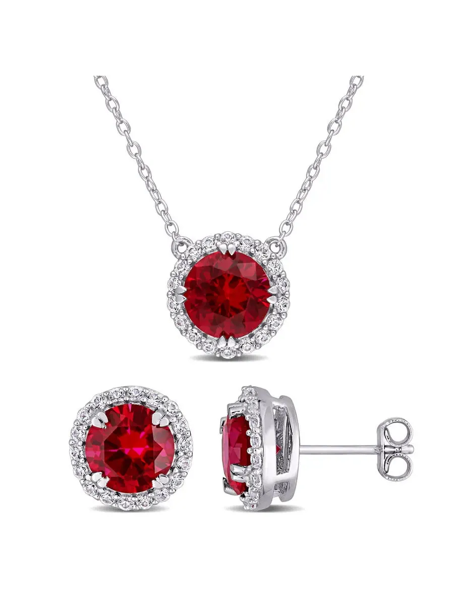 AMOUR 8 1/3 CT TGW Созданный рубин и созданный белый сапфир, набор серьги и подвески в виде гало из — изображение 1 из 4