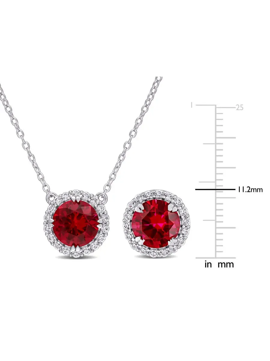 AMOUR 8 1/3 CT TGW Созданный рубин и созданный белый сапфир, набор серьги и подвески в виде гало из — изображение 2 из 4