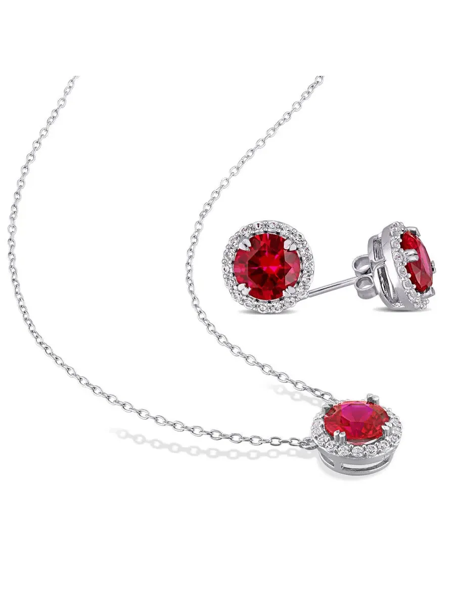 AMOUR 8 1/3 CT TGW Созданный рубин и созданный белый сапфир, набор серьги и подвески в виде гало из — изображение 3 из 4