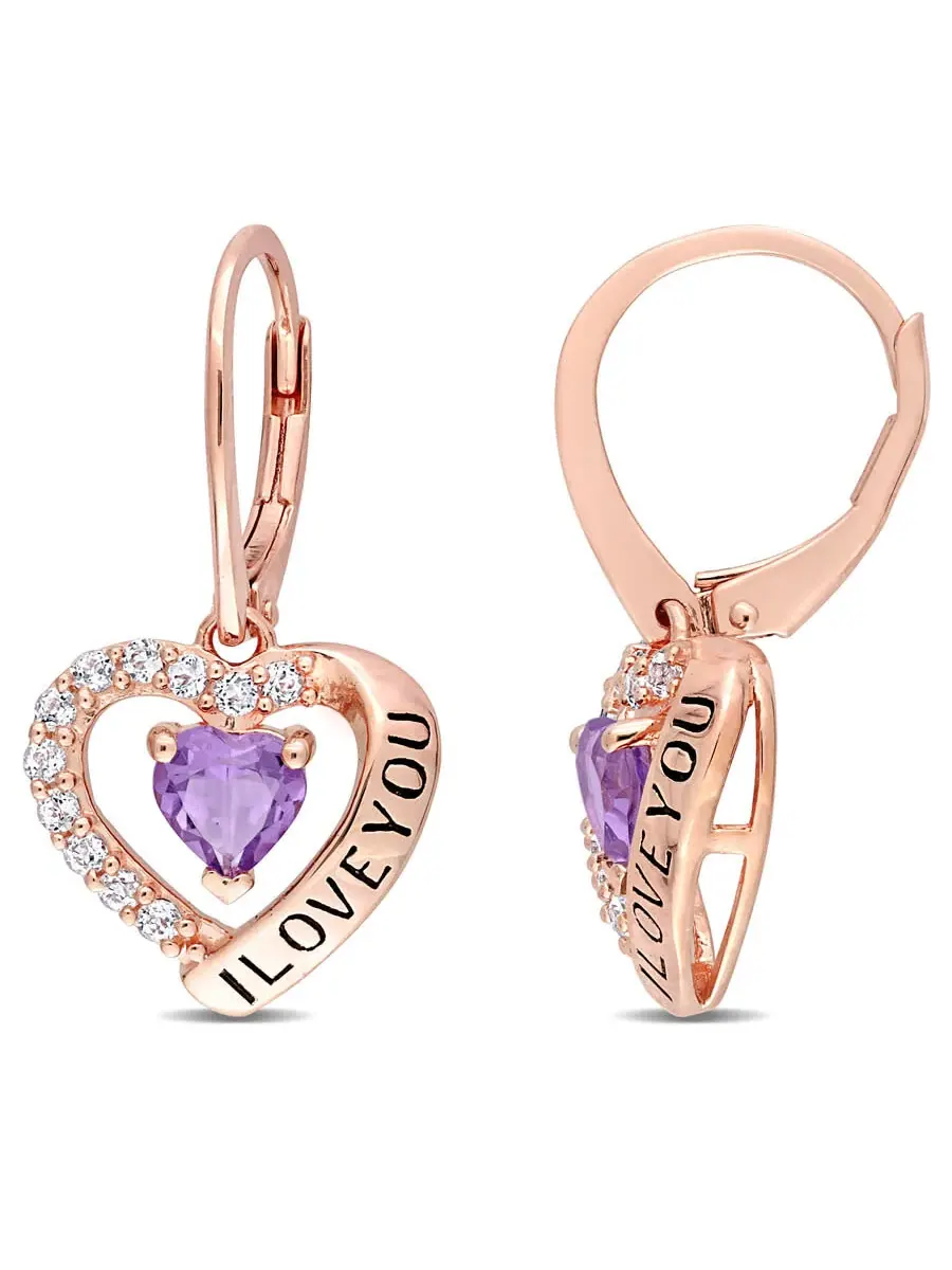 AMOUR C1 1/2 CT TGW Серьги-висячки в форме сердца с аметистом и белым топазом 'Я люблю тебя' на