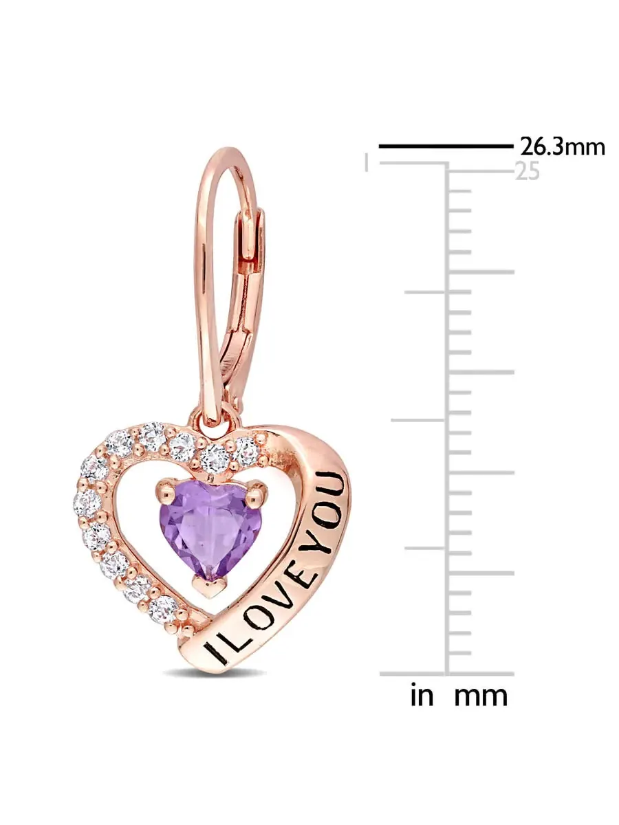 AMOUR C1 1/2 CT TGW Серьги-висячки в форме сердца с аметистом и белым топазом 'Я люблю тебя' на — изображение 2 из 4
