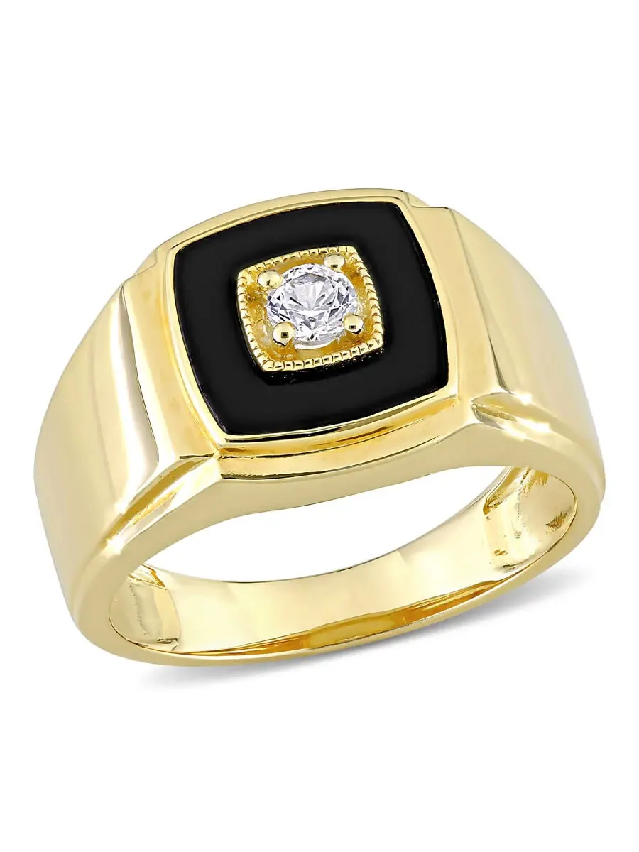 Кольцо мужское Amour Yellow Silver 2 1/2 карата общим весом TGW с черным ониксом и созданным белым