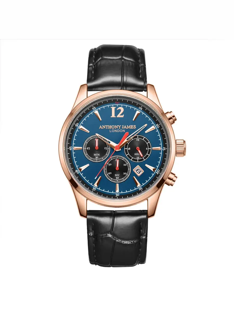 Мужские часы Anthony James Classic Chronograph с синим циферблатом AJ081 — золотистый