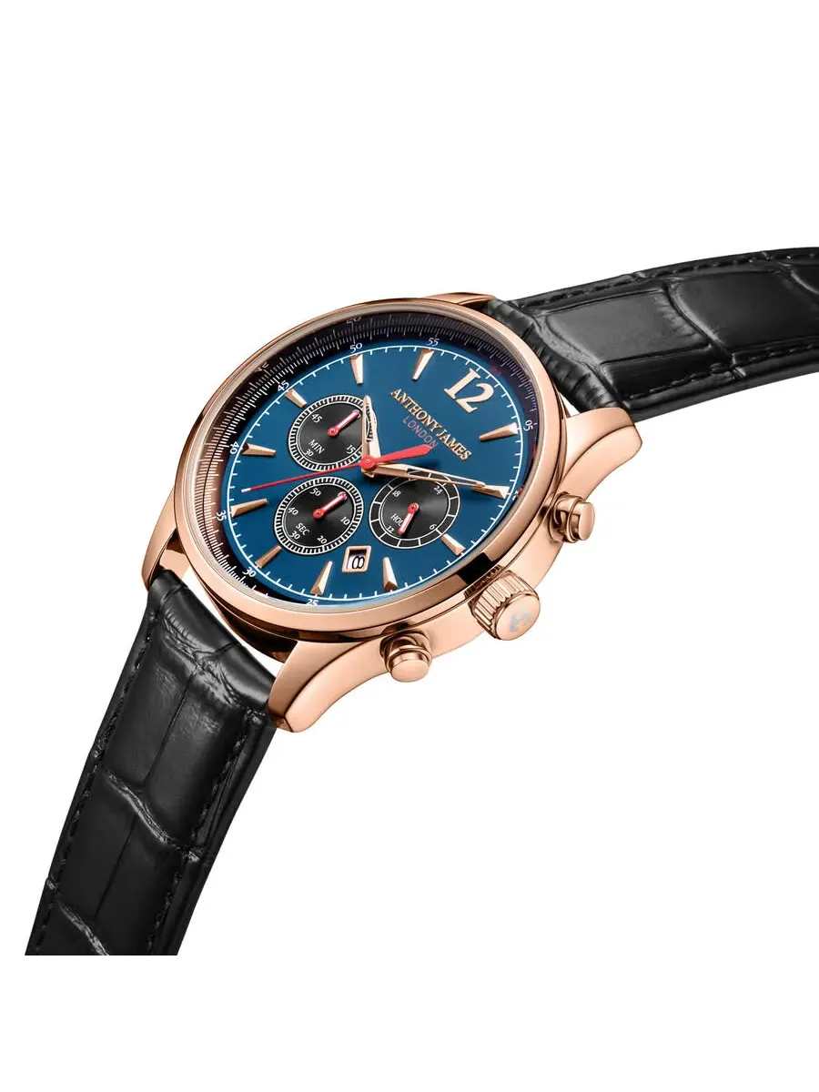 Мужские часы Anthony James Classic Chronograph с синим циферблатом AJ081 — изображение 2 из 4, оттенок розовый золотистый