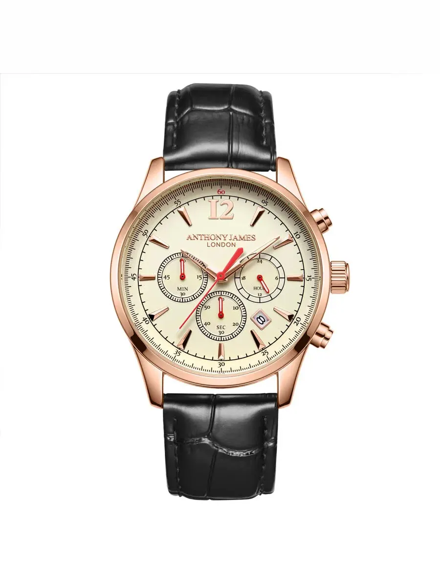 Мужские часы Anthony James Classic Chronograph с белым циферблатом AJ082 — изображение 1 из 4, оттенок розовый золотистый