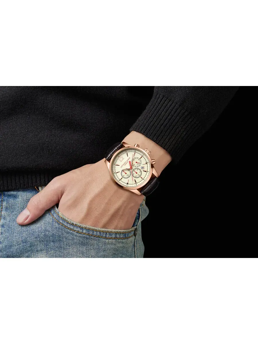 Мужские часы Anthony James Classic Chronograph с белым циферблатом AJ082 — изображение 4 из 4, оттенок розовый золотистый