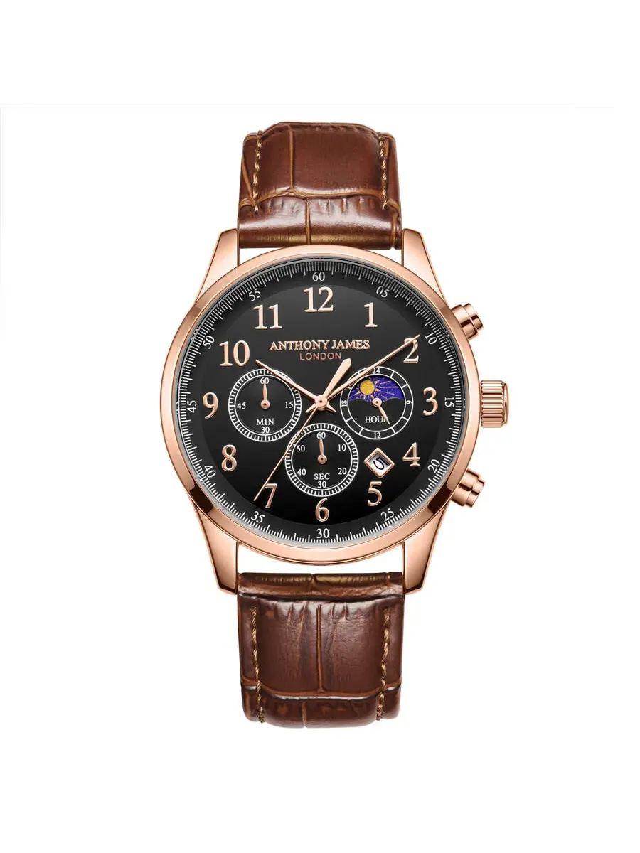 Мужские часы Anthony James Moonphase Chronograph с черным циферблатом AJ073 — золотистый