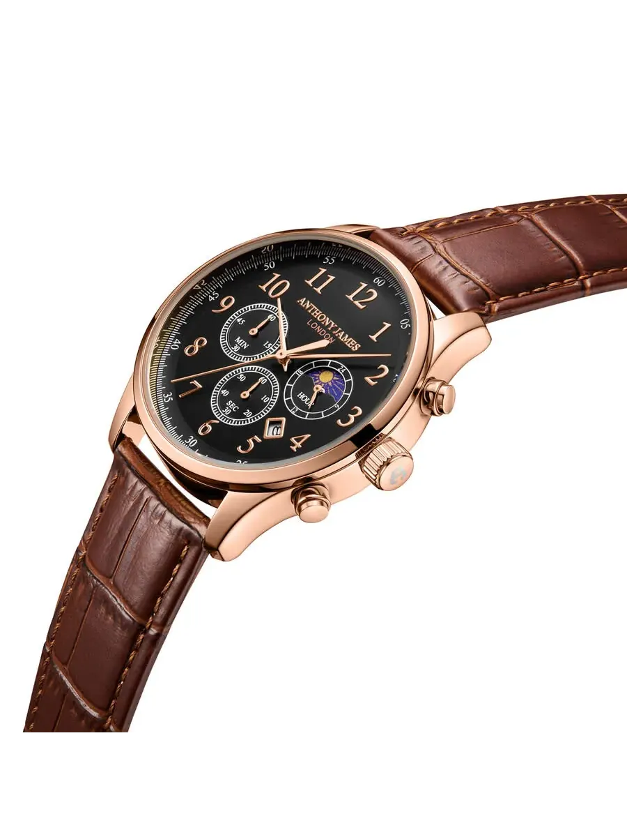 Мужские часы Anthony James Moonphase Chronograph с черным циферблатом AJ073 — изображение 2 из 4, оттенок розовый золотистый