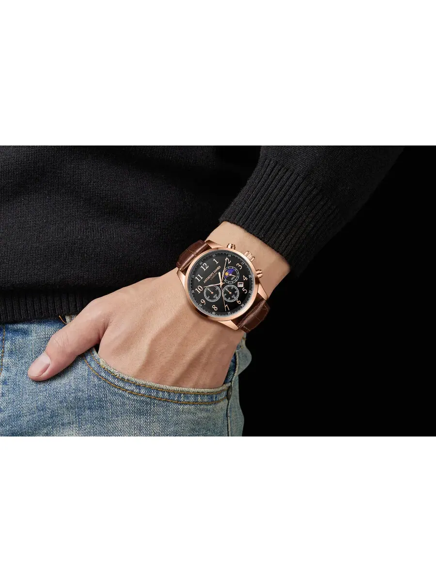 Мужские часы Anthony James Moonphase Chronograph с черным циферблатом AJ073 — изображение 4 из 4, оттенок розовый золотистый