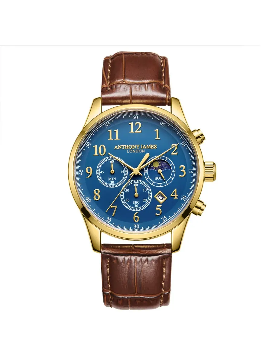 Мужские часы Anthony James Moonphase Chronograph с синим циферблатом AJ071 — изображение 1 из 4, оттенок желтый золотистый