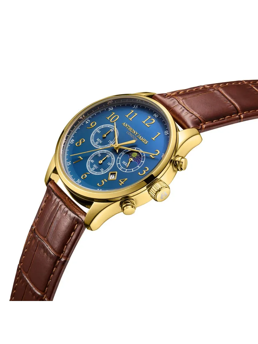 Мужские часы Anthony James Moonphase Chronograph с синим циферблатом AJ071 — изображение 2 из 4, оттенок желтый золотистый