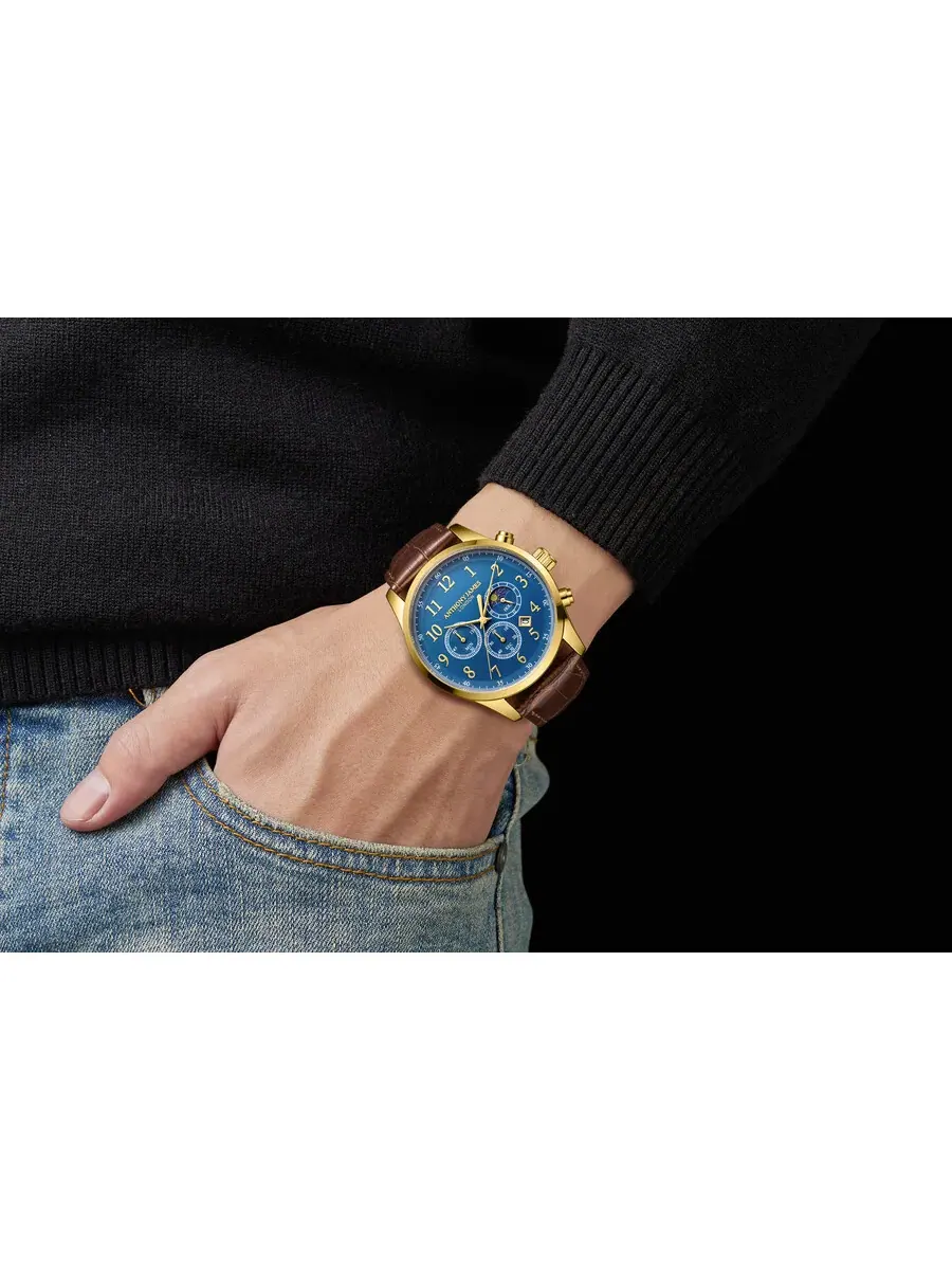 Мужские часы Anthony James Moonphase Chronograph с синим циферблатом AJ071 — изображение 4 из 4, оттенок желтый золотистый