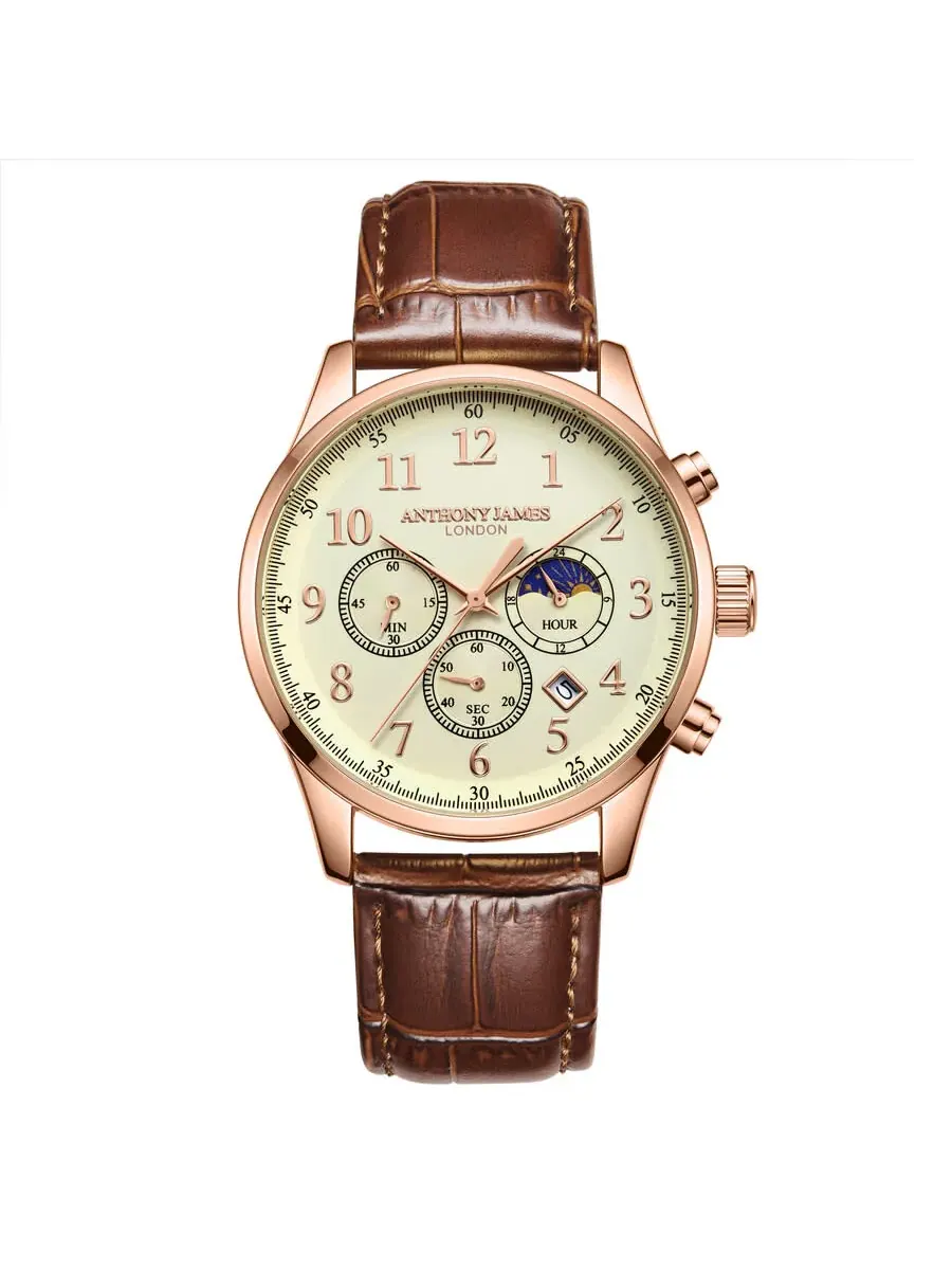 Мужские часы Anthony James Moonphase Chronograph с белым циферблатом AJ072 — изображение 1 из 4, оттенок розовый золотистый