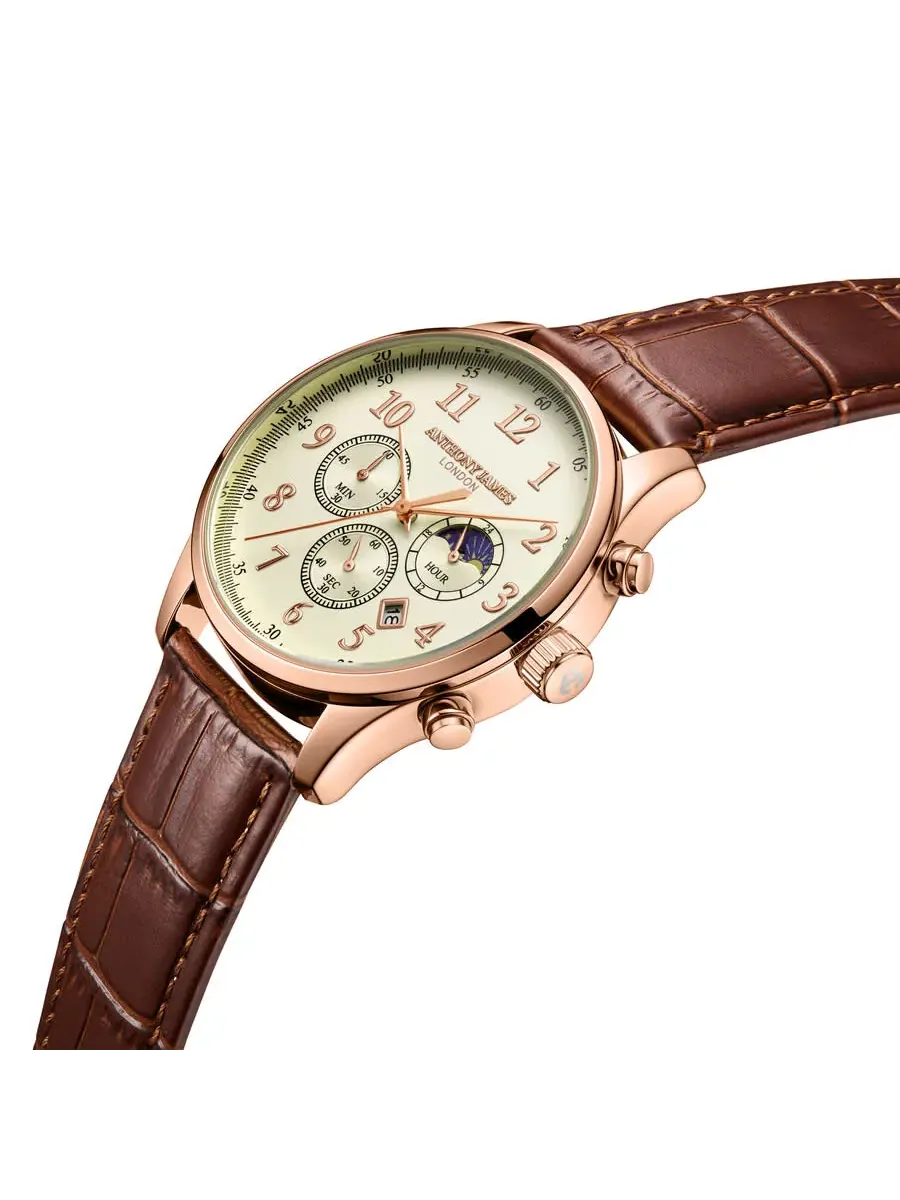 Мужские часы Anthony James Moonphase Chronograph с белым циферблатом AJ072 — изображение 2 из 4, оттенок розовый золотистый