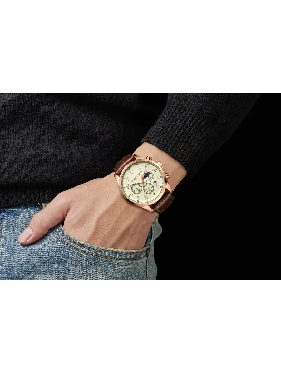 Мужские часы Anthony James Moonphase Chronograph с белым циферблатом AJ072 — изображение 4 из 4, оттенок розовый золотистый