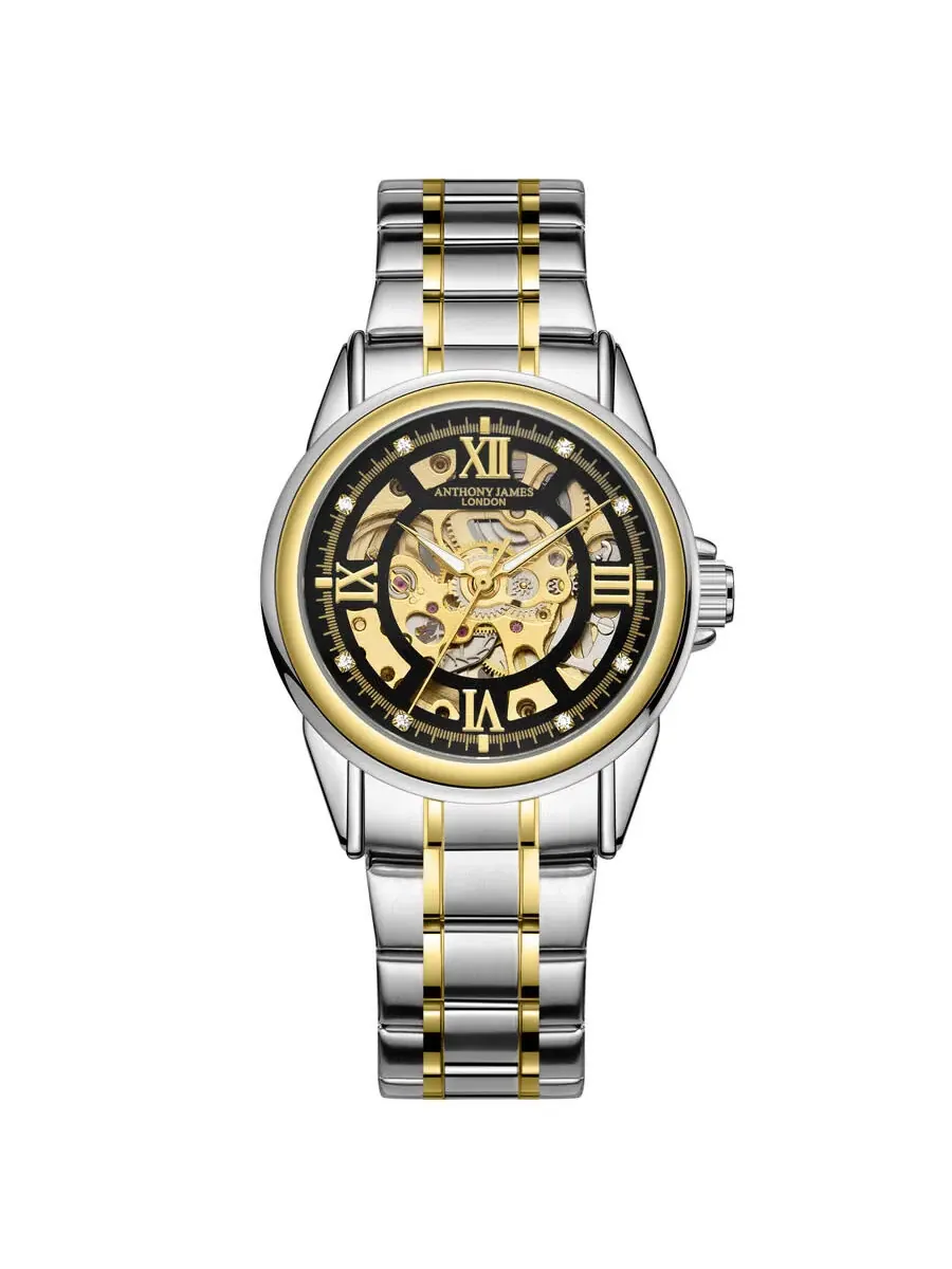 Мужские часы Anthony James Skeleton Automatic с золотым циферблатом AJ005N2 — изображение 1 из 4, оттенок желтый золотистый