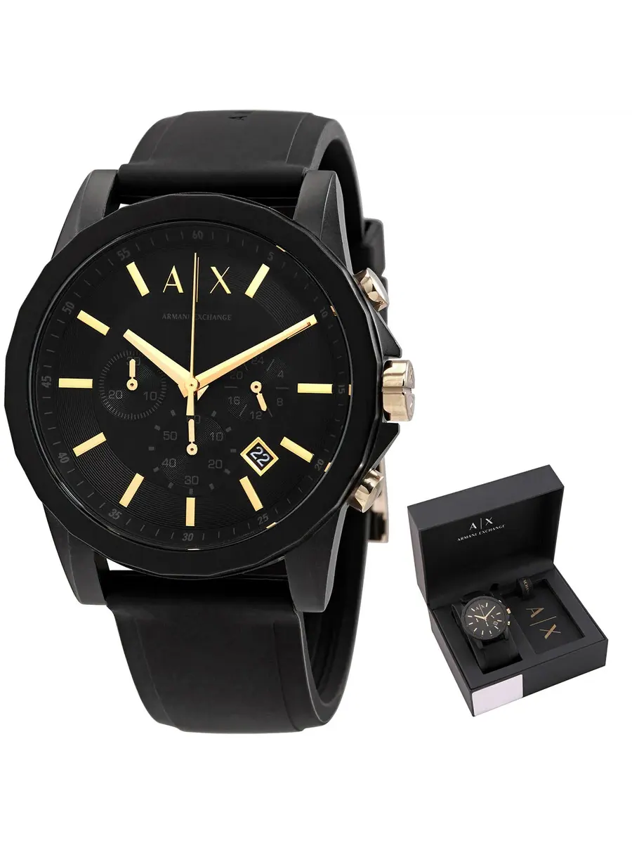 Мужские часы Armani Exchange Chronograph Quartz с черным циферблатом и подарочный набор с багажной — изображение 1 из 6