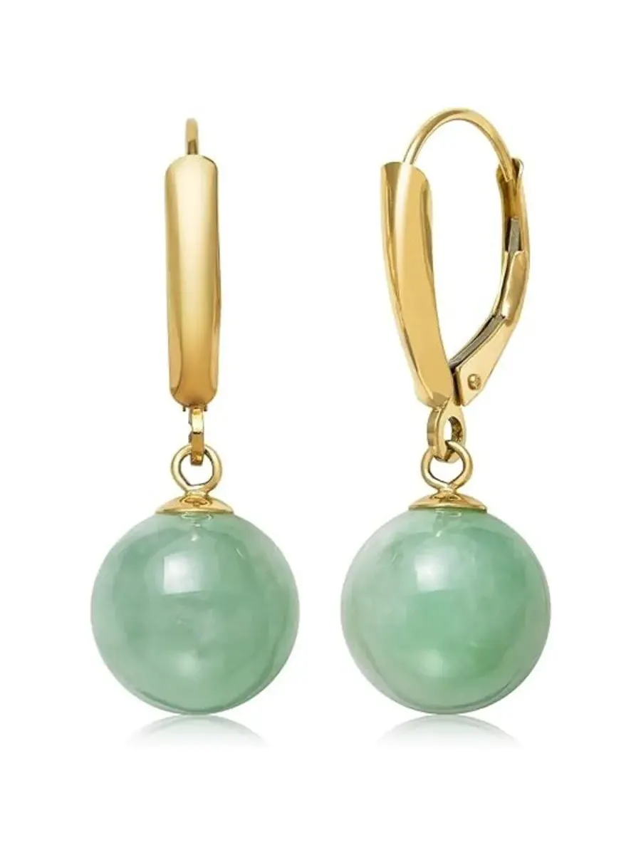 Серьги-подвески круглой формы Belacqua Natural Green Jade из 14-каратного желтого золота, застежка — изображение 1 из 4