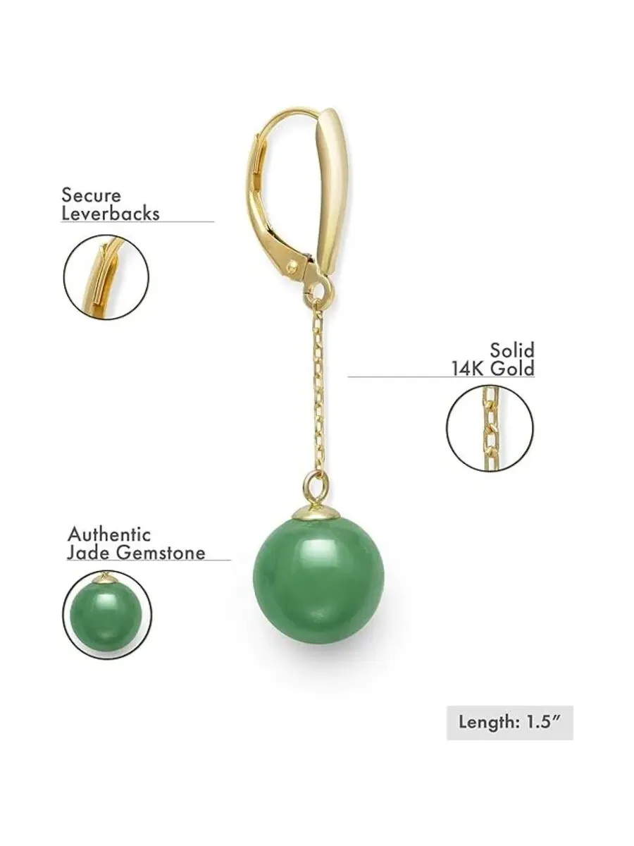 Серьги-капли Belacqua Natural Green Jade округлой формы из желтого золота 14 карат с застежкой — изображение 2 из 5