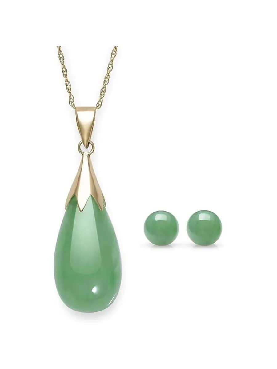 Набор ожерелья с падением капли натурального нефрита Belacqua и круглых серьг-гвоздиков из золота — изображение 1 из 4