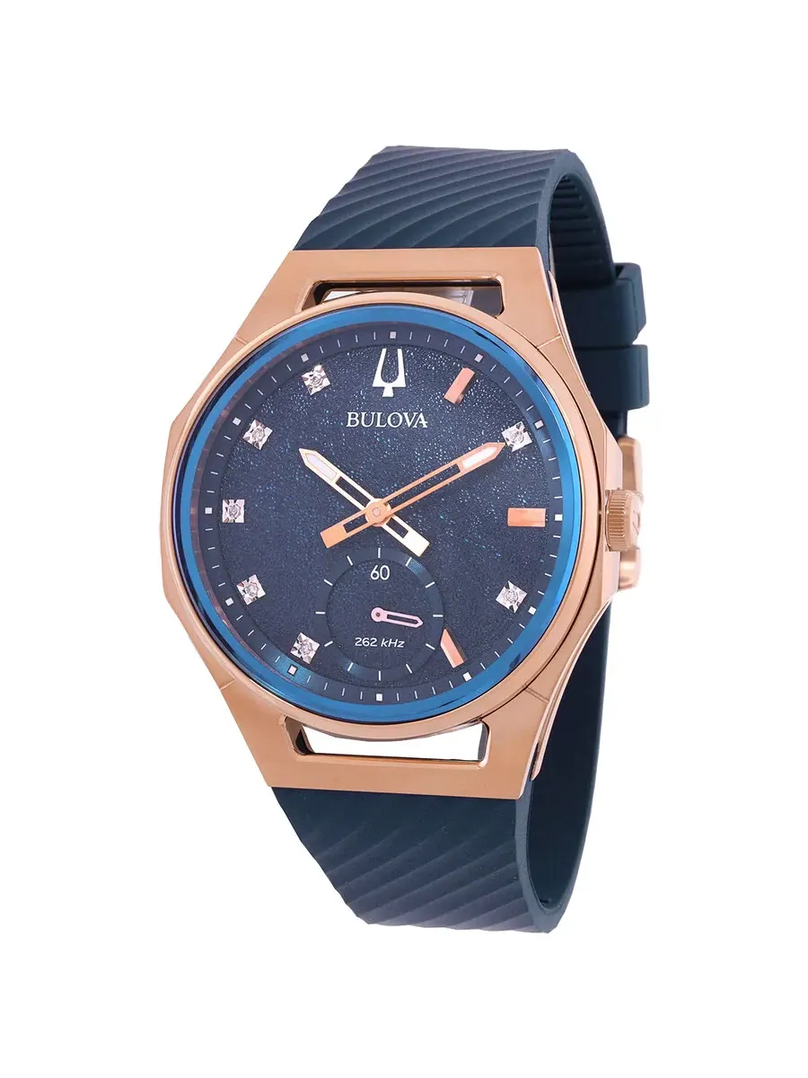 Женские часы Bulova Curv Quartz с синим циферблатом и бриллиантами 97P174 — изображение 1 из 3, оттенок розовый золотистый