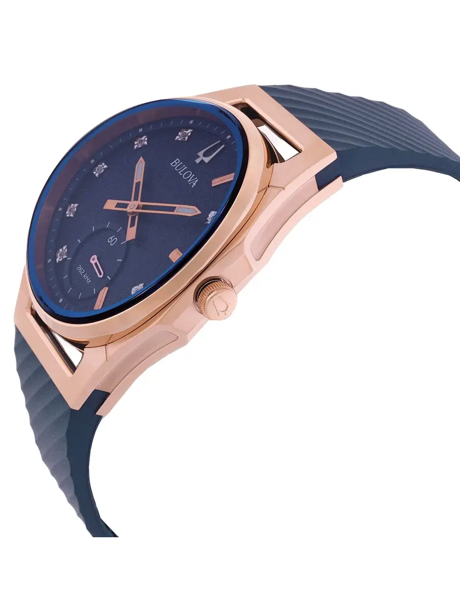 Женские часы Bulova Curv Quartz с синим циферблатом и бриллиантами 97P174 — изображение 2 из 3, оттенок розовый золотистый