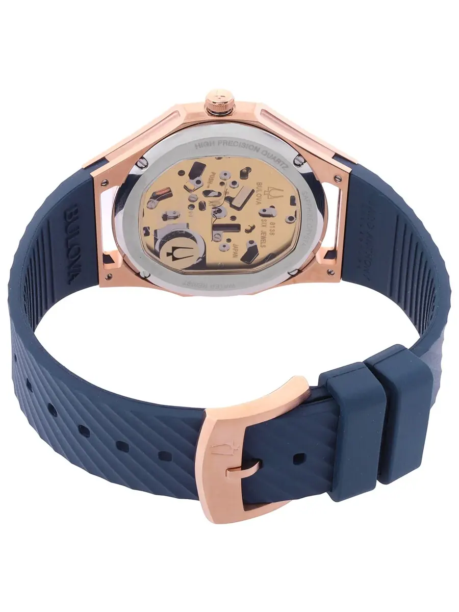 Женские часы Bulova Curv Quartz с синим циферблатом и бриллиантами 97P174 — изображение 3 из 3, оттенок розовый золотистый