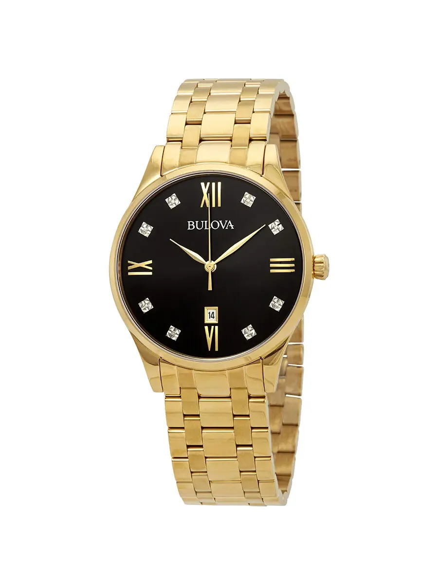 Мужские часы Bulova с черным циферблатом и бриллиантом 97D108 — изображение 1 из 3, оттенок желтый золотистый
