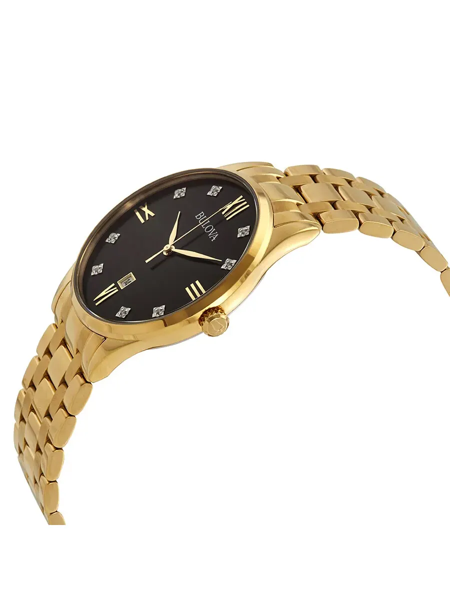 Мужские часы Bulova с черным циферблатом и бриллиантом 97D108 — изображение 2 из 3, оттенок желтый золотистый