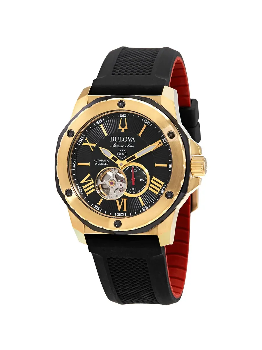 Мужские автоматические часы Bulova Marine Star с черным циферблатом, модель 98A272 — золотистый