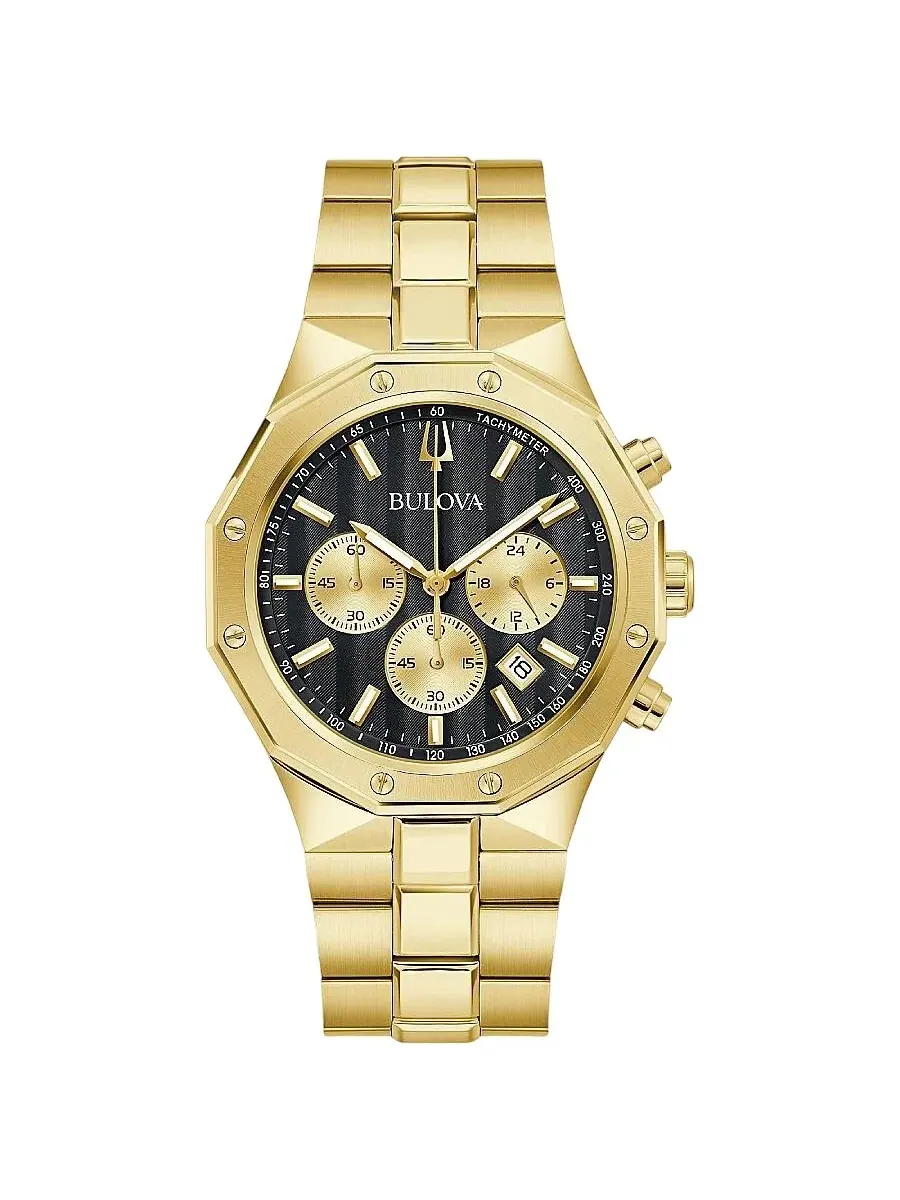 Часы Bulova Prestige Chronograph Quartz с черным циферблатом 97B232 — изображение 1 из 3, оттенок золотистый